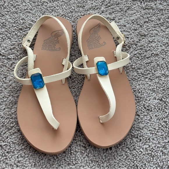Ancient Greek Sandals Leather Cream Blue Jewel Accent Sz 8 EUR 38 Boho Gypsy - Picture 6 of 14